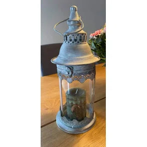 Rund lanterne i antik sølv med glas - lille